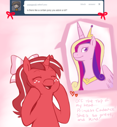 Size: 954x1033 | Tagged: safe, artist:redintravenous, princess cadance, oc, oc:red ribbon, pony, unicorn, ask red ribbon, g4, bow, female, hair bow, mare