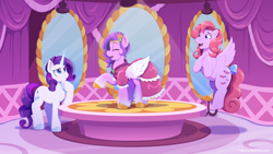 Size: 3840x2160 | Tagged: safe, artist:willoillo, heart throb, pipp petals, rarity, pegasus, pony, unicorn, mlp fim's thirteenth anniversary, g1, g4, g5, adorapipp, blushing, bow, carousel boutique, clothes, cute, diadem, dress, eyes closed, female, flying, g1 to g4, generation leap, high res, hoof on chin, hooves together, jewelry, mare, mirror, open mouth, open smile, pipp and her heroine, puffy sleeves, raised hoof, regalia, smiling, tail, tail bow, trio, unshorn fetlocks