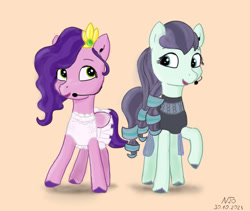 Size: 1388x1172 | Tagged: safe, artist:adamv20, coloratura, pipp petals, earth pony, pegasus, pony, mlp fim's thirteenth anniversary, g4, g5, adorapipp, clothes, cute, dress, female, headband, jewelry, looking at each other, looking at someone, mare, microphone, raised hoof, rara, singing, tiara