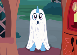 Size: 3126x2233 | Tagged: safe, artist:badumsquish, derpibooru exclusive, trixie, ghost, pony, undead, unicorn, g4, :o, bedsheet ghost, bipedal, bush, candle, clothes, costume, door, doorway, female, ghost costume, golden oaks library, halloween, halloween costume, high res, holiday, horn, implied twilight sparkle, inconvenient trixie, looking at you, mare, nightmare night, nightmare night costume, offscreen character, oooooh, open mouth, pov, raised hooves, show accurate, solo, trick or treat