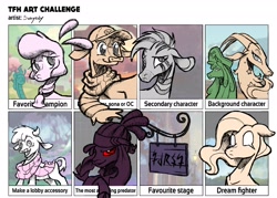 Size: 2048x1467 | Tagged: safe, artist:swayedy, arizona (tfh), pom (tfh), ribbon (tfh), shanty (tfh), cow, goat, lamb, pony, sheep, zebra, them's fightin' herds, community related, sign, tfh art challenge