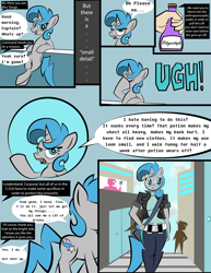 Size: 2550x3300 | Tagged: safe, artist:vareb, oc, oc only, oc:tango starfall, pony, unicorn, anthro, annoyed, belt, bipedal, bipedal leaning, blue eyes, blue hair, blue mane, blue tail, building, clothes, comic, complaining, crossed legs, dialogue, female, grumpy, hand, high res, horn, jacket, leaning, leaning back, leather, leather jacket, lounging, mare, offscreen character, potion, science fiction, smiling, speech bubble, tail, text, transformation, unicorn oc, walking