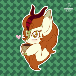 Size: 1920x1920 | Tagged: safe, artist:theratedrshimmer, autumn blaze, kirin, g4, abstract background, awwtumn blaze, blushing, bust, cloven hooves, cup, cute, cuteness overload, female, heart, kirinbetes, one eye closed, portrait, solo, teacup, wink
