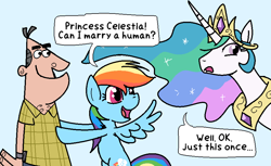 Size: 900x551 | Tagged: safe, artist:raspberry-joe, princess celestia, rainbow dash, alicorn, human, pegasus, pony, g4, comic, crack shipping, dinkleberg, human on pony action, interspecies, joke shipping, shipping, shitposting, speech bubble, text