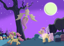 Size: 12928x9272 | Tagged: safe, artist:byteslice, artist:megaanimationfan, artist:mjangelvortex, artist:mlp-silver-quill, derpibooru exclusive, edit, fluttershy, posey bloom, rosedust, bat pony, earth pony, flutter pony, pony, mlp fim's thirteenth anniversary, g1, g4, g5, 40th anniversary, angry, bat ponified, bat wings, bow, chest fluff, coward, digital art, fangs, feather, female, flutterbat, generation leap, generational ponidox, glowing, glowing wings, hair bow, hanging, hanging upside down, insect wings, jewelry, looking up, mare, moon, necklace, nightmare night, ponytail, posey can't catch a break, prehensile tail, queen rosedust, race swap, running, scared, screaming, smiling, sparkles, stars, tail, tail bow, trace, transparent wings, tree, tree branch, upside down, wings, wip