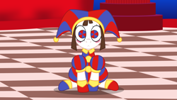 Size: 3511x1977 | Tagged: safe, alternate version, artist:badumsquish, derpibooru exclusive, doll pony, earth pony, object pony, original species, pony, animate object, blush sticker, blushing, checkered floor, clothes, costume, crossover, doll, female, hat, jester, jester hat, jester outfit, living doll, looking at you, mare, pomni, ponified, ponmi, shoes, show accurate, sitting, solo, the amazing digital circus, this will end in insanity, thousand yard stare, toy, wide eyes