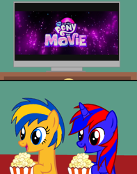 Size: 1192x1516 | Tagged: safe, artist:stephen-fisher, oc, oc only, oc:flare spark, oc:stephen (stephen-fisher), g4, my little pony: the movie, female, food, male, movie, needs more saturation, popcorn