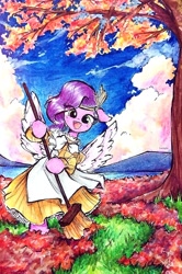 Size: 1574x2371 | Tagged: safe, artist:liaaqila, pipp petals, pegasus, pony, g5, adorapipp, autumn leaves, bipedal, broom, clothes, cute, female, leaves, maid, mare, open mouth, open smile, smiling, solo, spread wings, sweeping, traditional art, wings