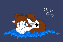 Size: 2048x1365 | Tagged: safe, artist:mscolorsplash, oc, oc only, oc:color splash, pegasus, pony, blue background, crying, female, filly, floppy ears, foal, lying down, pigtails, poison joke, ponytober, prone, sad, simple background, solo, twintails