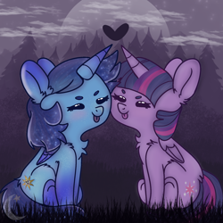 Size: 2000x2000 | Tagged: source needed, safe, artist:misspiggyf381, twilight sparkle, oc, oc:blue thunder, alicorn, pony, g4, alicorn oc, beanbrows, blushing, canon x oc, chibi, duo, eyebrows, female, heart, high res, horn, male, night, shipping, straight, thundersparkle, tongue out, twilight sparkle (alicorn), watermark, wings