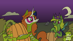 Size: 1920x1080 | Tagged: safe, artist:fishtaildraws, oc, changeling, pony, unicorn, clothes, cosplay, costume, duo, female, halloween, halloween costume, holiday, mask, moon, pumpkin