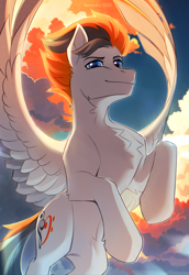 Size: 2480x3600 | Tagged: safe, artist:fenwaru, oc, oc only, oc:sukko, pegasus, pony, belly, belly fluff, chest fluff, cloud, commission, high res, looking at you, male, neck fluff, solo, spread wings, stallion, sunset, wings, ych result