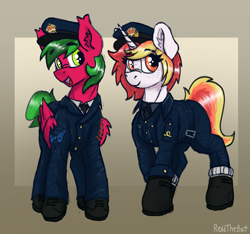 Size: 1978x1854 | Tagged: safe, artist:reddthebat, oc, oc only, oc:lazy saturday, oc:melon specter, pegasus, pony, unicorn, boots, cap, clothes, duo, ear fluff, eye clipping through hair, eyebrows, eyebrows visible through hair, female, freckles, gradient background, hat, looking at you, male, mare, military uniform, navy, open mouth, open smile, passepartout, royal navy, shoes, signature, smiling, stallion, sub-lieutenant, uniform