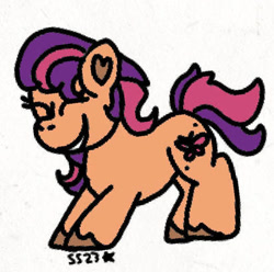 Size: 413x409 | Tagged: safe, artist:starrscout-23, scootaloo (g3), earth pony, pony, g3, g3.5, digital art, eyes closed, female, happy, heart ears, low quality, mare, signature, simple background, smiling, tail, two toned mane, two toned tail, unshorn fetlocks, white background