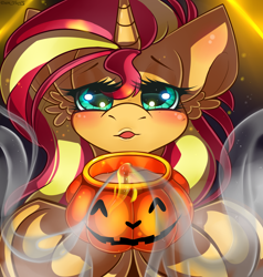 Size: 2276x2386 | Tagged: safe, artist:yuris, sunset shimmer, pony, unicorn, g4, blowing, blushing, candle, ears up, frog (hoof), halloween, high res, holiday, open mouth, pumpkin, smoke, solo, underhoof