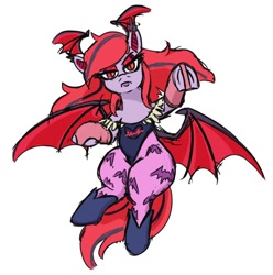 Size: 920x928 | Tagged: safe, artist:jargon scott, oc, oc only, oc:arrhythmia, bat pony, pony, succubus, bat pony oc, clothes, cosplay, costume, darkstalkers, female, looking back, mare, morrigan aensland, simple background, solo, white background