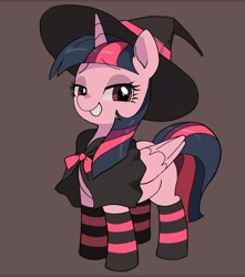 Size: 1945x2205 | Tagged: safe, artist:cheesesauce_45, twilight sparkle, alicorn, pony, g4, clothes, costume, cute, female, folded wings, gray background, grin, halloween, halloween costume, hat, horn, lidded eyes, looking at you, mare, simple background, smiling, smiling at you, socks, solo, striped socks, twiabetes, twilight sparkle (alicorn), wings, witch costume, witch hat