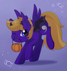 Size: 1306x1369 | Tagged: safe, artist:maravor, oc, oc only, oc:wing front, demon, pegasus, pony, :p, blue eyes, brown mane, brown tail, candy, clothes, costume, cute, fake horns, fake wings, food, halloween, halloween costume, holiday, jumping, nightmare night, one eye closed, pegasus oc, pumpkin bucket, purple fur, simple background, tail, tongue out, wings, wink