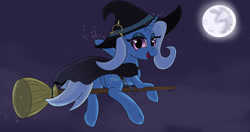 Size: 4096x2160 | Tagged: safe, artist:suryfromheaven, trixie, pony, unicorn, mlp fim's thirteenth anniversary, g4, backwards cutie mark, broom, butt, cape, clothes, eyes closed, flying, flying broomstick, fog, halloween, hat, holiday, horn, little witch academia, looking at you, magic, mare in the moon, moon, night, night sky, plot, sky, smiling, smiling at you, sparkles, starry night, stars, trixie day, underhoof, wand, witch, witch costume, witch hat