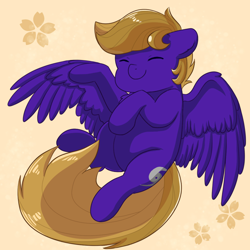 Size: 1920x1920 | Tagged: safe, artist:maravor, oc, oc only, oc:wing front, pegasus, pony, brown mane, brown tail, cute, eyes closed, flower, pegasus oc, purple fur, simple background, smiling, tail