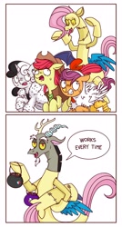 Size: 2208x4116 | Tagged: safe, alternate version, artist:syxpack, apple bloom, discord, scootaloo, sweetie belle, bird, chicken, earth pony, pegasus, pony, unicorn, discordant harmony, g4, scare master, 101 dalmatians, 2 panel comic, animal costume, applejack's hat, breaking the fourth wall, candy, chicken suit, clothes, comic, commission, commissioner:zcord, costume, cowboy, cowboy hat, cruella de vil, cutie mark crusaders, discord being discord, fangs, fluttershy suit, food, halloween, halloween costume, hat, holiday, implied applejack, implied lesbian, implied rainbow dash, implied rarijack, implied rarity, implied shipping, running, scaring, scootachicken, simple background, sweat, talking to viewer, troll, vertical