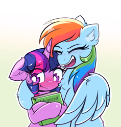 Size: 3245x3423 | Tagged: safe, artist:confetticakez, rainbow dash, twilight sparkle, alicorn, pegasus, pony, g4, blushing, book, chest fluff, cute, dashabetes, duo, duo female, ear fluff, eye clipping through hair, eyebrows, eyebrows visible through hair, eyes closed, female, floppy ears, gradient background, high res, holding, hoof around neck, horn, hug, lesbian, mare, open mouth, partially open wings, ship:twidash, shipping, twiabetes, twilight sparkle (alicorn), winghug, wings