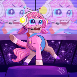 Size: 1500x1500 | Tagged: safe, artist:tazool, oc, oc:anyware, earth pony, pony, audience, brixity, camera flashes, clothes, cookie run, female, goggles, headset, headset mic, mare, screen, skirt, solo, stadium, stage, vest