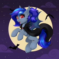 Size: 4000x4000 | Tagged: safe, artist:confetticakez, oc, oc only, oc:lunar aurora, bat, bat pony, pony, absurd resolution, bat ears, bat pony oc, bat wings, cape, clothes, cloud, commission, cute, cute little fangs, fangs, female, flying, full moon, looking at you, mare, moon, night, night sky, open mouth, open smile, outdoors, sky, slit pupils, smiling, smiling at you, solo, spread wings, stars, wings, ych result