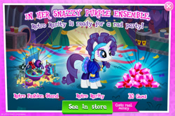 Size: 1960x1301 | Tagged: safe, gameloft, rarity, pony, unicorn, g4, my little pony: magic princess, official, advertisement, clothes, costs real money, dress, english, eyeshadow, female, gem, headband, horn, introduction card, jewelry, makeup, mare, mobile game, necklace, numbers, retro rarity, sale, solo, text