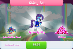 Size: 1268x857 | Tagged: safe, gameloft, screencap, rarity, pony, unicorn, g4, my little pony: magic princess, official, bundle, clothes, costs real money, dress, english, eyeshadow, female, gem, headband, horn, jewelry, makeup, mare, mobile game, necklace, numbers, retro rarity, sale, shiny set, solo, text