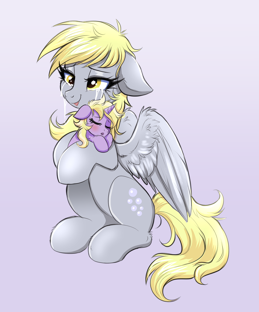 [crying,derpy hooves,dinky hooves,duo,equestria's best mother,eyebrows,eyes closed,female,filly,floppy ears,foal,g4,horn,mare,mother and daughter,open mouth,pegasus,pony,safe,simple background,sitting,sleeping,tears of joy,unicorn,wings,duo female,mother and child,teary eyes,artist:confetticakez,partially open wings]