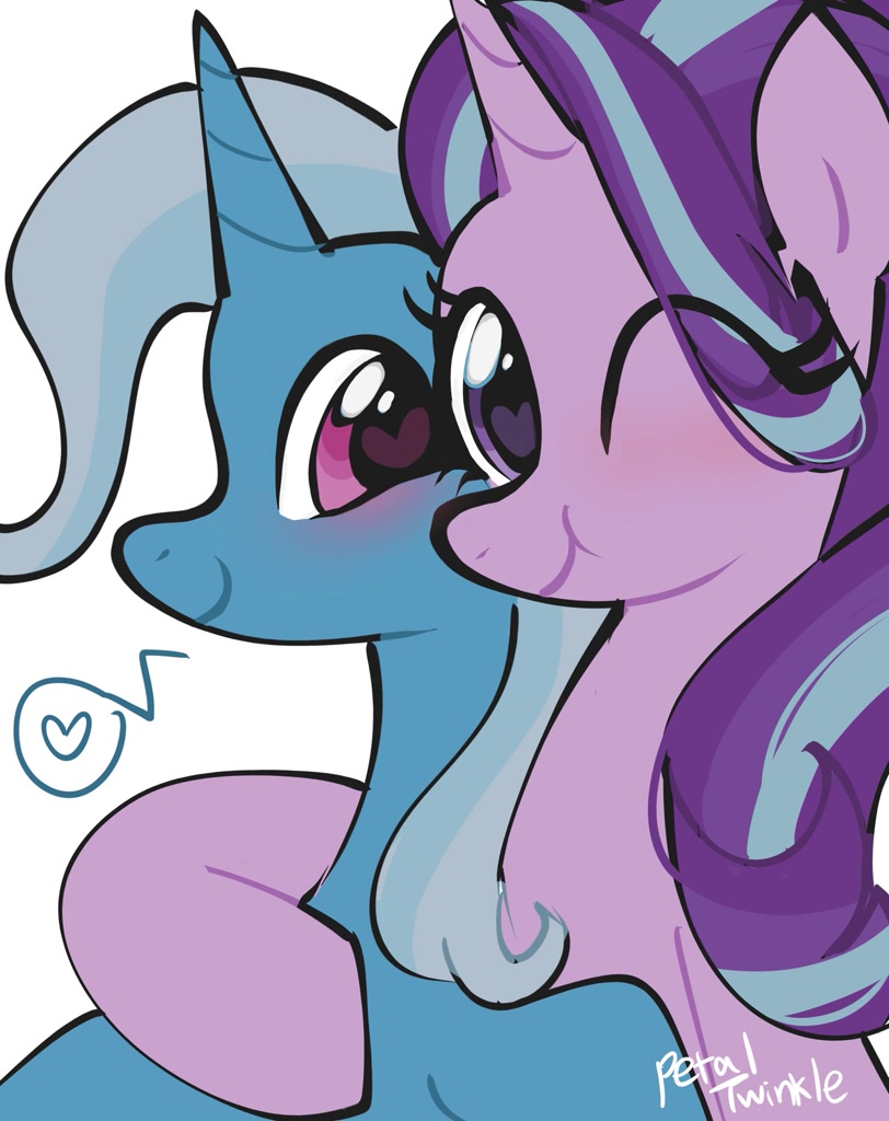 [blushing,duo,female,heart,heart eyes,hug,lesbian,looking at you,mare,pony,safe,shipping,signature,simple background,speech bubble,trixie,unicorn,white background,wingding eyes,one eye closed,eye clipping through hair,starlight glimmer,smiling,smiling at you,artist:petaltwinkle,ship:startrix]