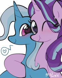 Size: 1623x2048 | Tagged: safe, artist:petaltwinkle, starlight glimmer, trixie, pony, unicorn, g4, blushing, duo, eye clipping through hair, female, heart, heart eyes, hug, lesbian, looking at you, mare, one eye closed, ship:startrix, shipping, signature, simple background, smiling, smiling at you, speech bubble, white background, wingding eyes