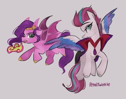 Size: 2048x1623 | Tagged: dead source, safe, artist:petaltwinkle, pipp petals, zipp storm, dragon, pegasus, pony, g5, bat pipp, cape, clothes, costume, count zippula, duo, female, fire, fire breath, gray background, halloween, halloween costume, looking at you, mare, nightmare night costume, open mouth, royal sisters (g5), siblings, signature, simple background, sisters, spread wings, vampire costume, wings