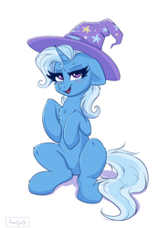Size: 1228x1771 | Tagged: safe, artist:confetticakez, trixie, pony, unicorn, g4, 2021, blushing, chest fluff, clothes, cute, diatrixes, eyebrows, female, hat, horn, lidded eyes, looking at you, mare, open mouth, open smile, signature, simple background, sitting, smiling, smiling at you, solo, trixie's hat, white background, wizard hat