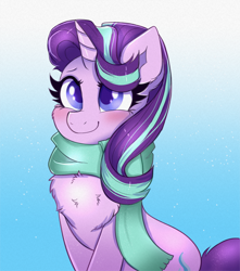 Size: 1586x1793 | Tagged: safe, artist:confetticakez, starlight glimmer, pony, unicorn, g4, blushing, cheek fluff, chest fluff, clothes, colored pupils, cute, ear fluff, eyebrows, female, glimmerbetes, gradient background, horn, mare, scarf, sitting, smiling, snow, snowfall, solo