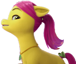 Size: 876x732 | Tagged: safe, edit, edited screencap, screencap, posey bloom, earth pony, pony, g5, mane smelody, my little pony: make your mark, my little pony: make your mark chapter 5, spoiler:g5, spoiler:my little pony: make your mark, spoiler:my little pony: make your mark chapter 5, spoiler:mymc05e05, 3d, background removed, female, jewelry, looking left, mare, necklace, png, simple background, solo, standing, transparent background, violet mane, yellow skin