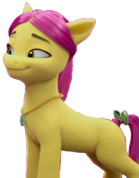 Size: 569x724 | Tagged: safe, edit, edited screencap, screencap, posey bloom, earth pony, pony, g5, mane smelody, my little pony: make your mark, my little pony: make your mark chapter 5, spoiler:g5, spoiler:my little pony: make your mark, spoiler:my little pony: make your mark chapter 5, spoiler:mymc05e05, 3d, background removed, female, jewelry, looking left, mare, necklace, png, simple background, smiling, solo, standing, transparent background, violet mane, when she smiles, yellow skin