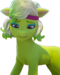 Size: 612x768 | Tagged: safe, edit, edited screencap, screencap, minty (g5), earth pony, pony, bridlewoodstock (make your mark), g5, my little pony: make your mark, my little pony: make your mark chapter 4, spoiler:g5, spoiler:my little pony: make your mark, spoiler:my little pony: make your mark chapter 4, spoiler:mymc04e01, 3d, background removed, blue eyes, bridlewoodstock, eyeshadow, female, green fur, green skin, headband, light skin, makeup, mare, png, simple background, solo, standing, transparent background, white mane, worried