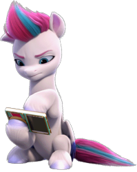 Size: 391x492 | Tagged: safe, edit, edited screencap, screencap, zipp storm, pegasus, pony, g5, my little pony: make your mark, 3d, background removed, belly, cyan eyes, episode needed, female, hoof hold, light skin, mare, one ear down, pink mane, png, simple background, sitting, solo, tablet, transparent background, unamused, zipp storm is not amused