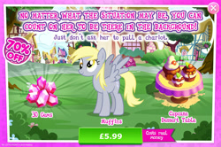 Size: 1958x1301 | Tagged: safe, gameloft, derpy hooves, pegasus, pony, g4, my little pony: magic princess, official, advertisement, costs real money, cupcake, english, female, food, gem, introduction card, mare, mobile game, numbers, sale, solo, spread wings, table, text, wings