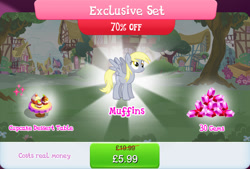 Size: 1270x858 | Tagged: safe, gameloft, derpy hooves, pegasus, pony, g4, my little pony: magic princess, official, bundle, costs real money, cupcake, english, female, food, gem, mare, mobile game, numbers, sale, solo, spread wings, table, text, wings