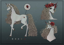 Size: 2283x1614 | Tagged: safe, artist:fridagloria, oc, oc only, oc:frida, pony, unicorn, abstract background, colored horn, curved horn, detailed hair, female, floral head wreath, flower, flower in hair, horn, mare, reference sheet, solo, unshorn fetlocks