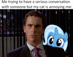Size: 1168x900 | Tagged: safe, trixie, human, pony, unicorn, g4, american psycho, behaving like a cat, christian bale, crossover, human and pony, human male, inconvenient trixie, irl, irl human, male, meme, patrick bateman, photo, ponified meme, text