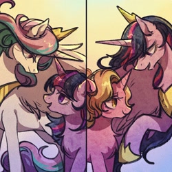 Size: 2048x2048 | Tagged: safe, artist:tkotu1, luster dawn, princess celestia, twilight sparkle, alicorn, pony, unicorn, g4, crown, female, high res, hoof shoes, horn, jewelry, looking at each other, looking at someone, mare, older, older twilight, older twilight sparkle (alicorn), peytral, princess twilight 2.0, regalia, spread wings, teacher and student, twilight sparkle (alicorn), wings