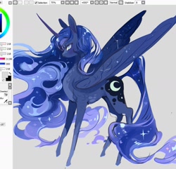 Size: 1630x1570 | Tagged: safe, artist:costly, princess luna, alicorn, pony, g4, curved horn, female, horn, long horn, mare, missing accessory, solo, wip