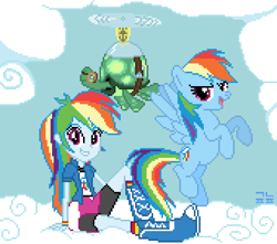 Size: 850x750 | Tagged: safe, artist:gonicfanfic, rainbow dash, tank, human, pegasus, pony, tortoise, equestria girls, g4, cloud, flying, grin, human ponidox, looking at you, on a cloud, open mouth, open smile, pixel art, self paradox, self ponidox, sitting, smiling, spread wings, wings
