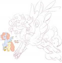 Size: 1721x1756 | Tagged: safe, artist:costly, oc, oc only, oc:cloud sweeper, pegasus, pony, ballet slippers, chest fluff, colored wings, colored wingtips, ear piercing, earring, ethereal mane, female, jewelry, mare, piercing, sketch, solo, starry mane, wings