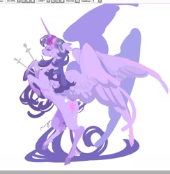 Size: 1564x1603 | Tagged: safe, artist:costly, twilight sparkle, alicorn, pony, g4, crying, eyes closed, female, four wings, imminent death, mare, multiple wings, rearing, solo, sword, twilight sparkle (alicorn), unshorn fetlocks, weapon, wings, wip