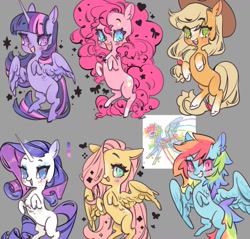 Size: 1481x1413 | Tagged: safe, artist:costly, applejack, fluttershy, pinkie pie, rainbow dash, rarity, twilight sparkle, alicorn, earth pony, pegasus, pony, unicorn, g4, applejack's hat, cowboy hat, female, hat, mane six, mare, twilight sparkle (alicorn), wip